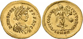 Honorius, 393-423. Tremissis (Gold, 16 mm, 1.53 g, 6 h), Constantinopolis, circa 408-420. D N HONORI-VS P F AVG Pearl-diademed, draped and cuirassed b...