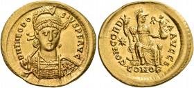 Theodosius II, 402-450. Solidus (Gold, 21 mm, 4.39 g, 6 h), Constantinopolis, 402. D N THEODO-SIVS P F AVG Pearl-diademed, helmeted and cuirassed bust...