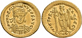 Marcian, 450-457. Solidus (Gold, 20 mm, 4.49 g, 6 h), Constantinopolis. D N MARCIA-NVS P F AVG Pearl-diademed, helmeted and cuirassed bust of Marcian ...