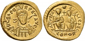 Leo I, 457-474. Solidus (Gold, 21 mm, 4.31 g, 7 h), with Leo II, Constantinopolis, 473-474. D N LEO PE-RPET AVG Pearl-diademed, helmeted and cuirassed...