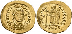 Justin I, 518-527. Solidus (Gold, 21 mm, 4.51 g, 6 h), Constantinopolis, 518-519. D N IVSTINVS P P AVI Pearl-diademed, helmeted and cuirassed bust of ...