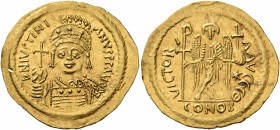 Justinian I, 527-565. Solidus (Gold, 22 mm, 4.39 g, 6 h), Rome, 547-549. D N IVSTINIANVS P P AVG Helmeted and cuirassed bust of Justinian I facing, ho...