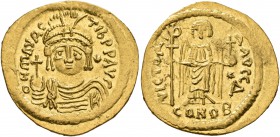 Maurice Tiberius, 582-602. Light weight Solidus of 23 Siliquae (Gold, 21 mm, 4.33 g, 6 h), Theoupolis (Antiochia). O N mAVRC TIb P P AVG Draped and cu...