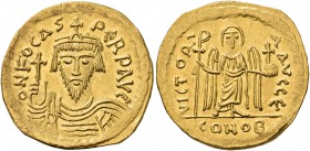Phocas, 602-610. Solidus (Gold, 21 mm, 4.26 g, 6 h), Constantinopolis, 604-607. O N FOCAS PЄRP AVG Draped and cuirassed bust of Phocas facing, wearing...