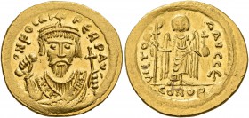 Phocas, 602-610. Solidus (Gold, 21 mm, 4.52 g, 7 h), Constantinopolis, 602-603. O N FOCAS PЄRP AVG Crowned bust of Phocas facing, wearing consular rob...