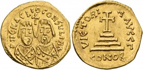 Revolt of the Heraclii, 608-610. Solidus (Gold, 20 mm, 4.30 g, 7 h), military mint in the East, 608. D N ЄRACLIO CONSVLI BA Busts of Heraclius the You...