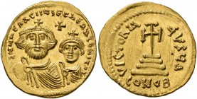 Heraclius, with Heraclius Constantine, 610-641. Solidus (Gold, 21 mm, 4.51 g, 7 h), Constantinopolis, 616-625. δδ NN ҺERACLIЧS ET ҺERA CONST PP AV Cro...