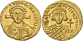 Justinian II, second reign, 705-711. Solidus (Gold, 20 mm, 4.45 g, 6 h), Constantinopolis, 705. δ N IҺS CҺS RЄX RЄGNANTIЧM Draped bust of Christ facin...