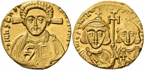 Justinian II, with Tiberius, second reign, 705-711. Solidus (Gold, 19 mm, 4.41 g, 6 h), Constantinopolis. δ N IҺS CҺS R[ЄX RЄGNANT]IЧM Draped bust of ...