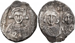 Justinian II, with Tiberius, second reign, 705-711. 'Hexagram' (Silver, 21 mm, 3.16 g, 6 h), Constantinopolis. Facing bust of Christ Pantokrator betwe...