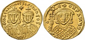 Constantine V Copronymus, with Leo IV, 741-775. Solidus (Gold, 21 mm, 4.45 g, 6 h), Constantinopolis, circa 750-756. COҺSTAҺTIҺOS S LЄOҺ O ҺЄOS Crowne...