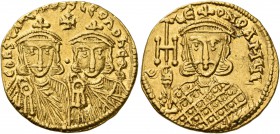 Constantine V Copronymus, with Leo IV, 741-775. Solidus (Gold, 20 mm, 4.37 g, 7 h), Constantinopolis, circa 764-773. COҺSTAҺTIҺOS S LЄOҺ O ҺЄOS Crowne...