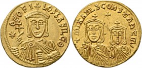 Theophilus, with Constantine and Michael II, 829-842. Solidus (Gold, 20 mm, 4.41 g, 7 h), Constantinopolis, 831-842. ✱ΘЄOFILOS bASILЄ Θ Crowned facing...