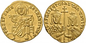 Basil I the Macedonian, with Constantine, 867-886. Solidus (Gold, 20 mm, 4.42 g, 7 h), Constantinopolis, circa 871-886. +IҺS XRS RЄX RЄGNANTIЧM✱ Chris...