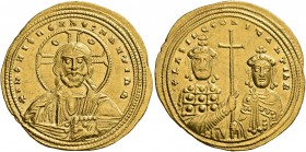 Basil II Bulgaroktonos, with Constantine VIII, 976-1025. Histamenon (Gold, 24 mm, 4.42 g, 7 h), Constantinopolis, circa 1005-1025. +IҺS XIS RЄX RЄGNAN...