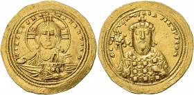 Constantine VIII, 1025-1028. Histamenon (Gold, 25 mm, 4.42 g, 7 h), Constantinopolis. +IҺS XIS RЄX RЄGNANTIҺm Bust of Christ facing, with cross-nimbus...