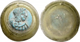 Anonymous. Amulet (Bronze, 40 mm, 19.28 g), circa 5th-6th century (?). Turquoise engraved with a laureate, draped and cuirassed male bust to right, se...