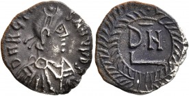 VANDALS. Thrasamund, 496-523. 50 Denarii (Silver, 14 mm, 1.08 g, 4 h), Carthage. D N RG THRASAMVNDS Pearl-diademed, draped and cuirassed bust of Thras...