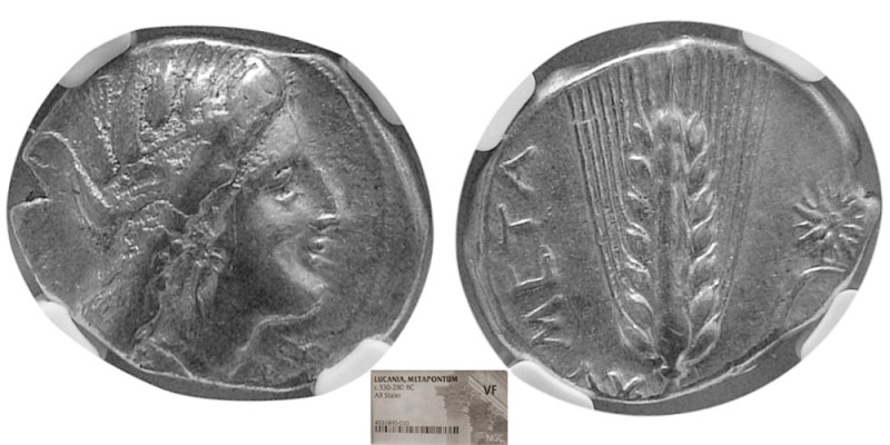 LUCANIA, Metapontum. Circa 330-280 BC. AR Stater. NGC-VF. Obv: Head of Demeter l...