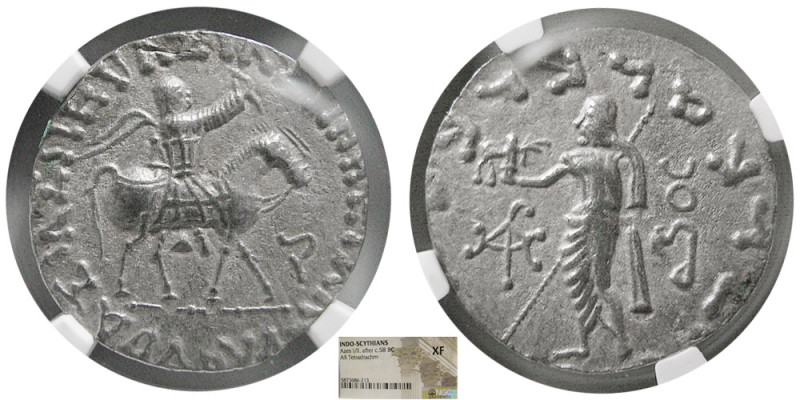 INDO-SCYTHIANS, Azes I/II, after Ca. 58 BC. AR Tetradrachm. NGC-XF. Azes on hors...