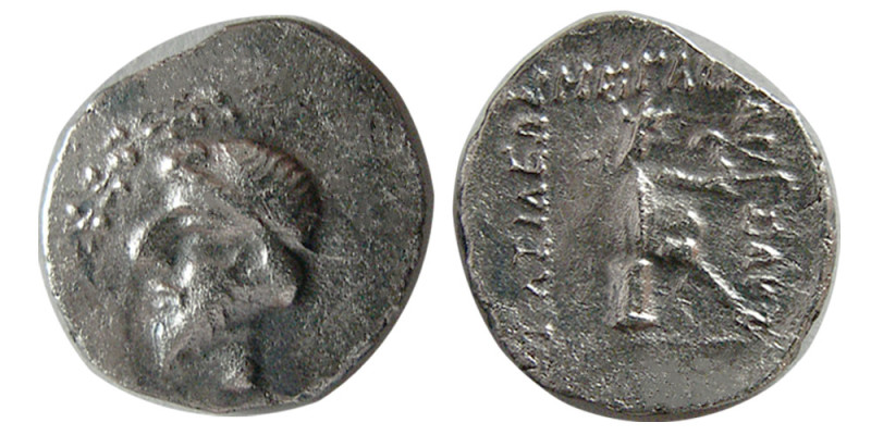 KINGS of PARTHIA. Mithradates I. 168-132 BC. AR obol (0.66 gm; 11 mm). Diademed ...