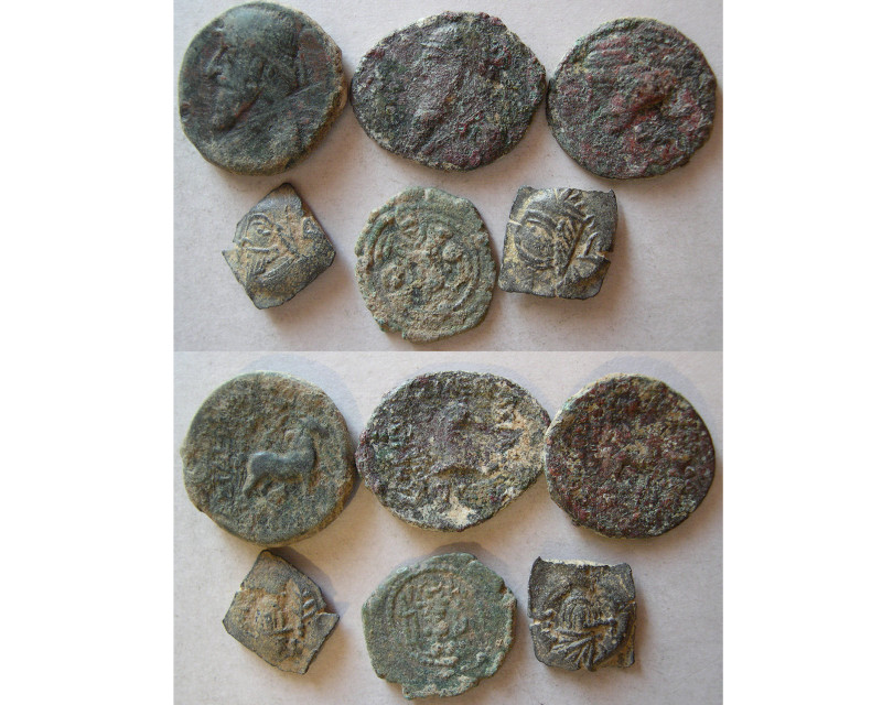 Group Lot of 6 Ancient Bronze Coins. Lot includes 5 Parthian Kings: Two Mithrada...