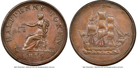 Lower Canada "Ship / Seated Justice" 1/2 Penny Token 1815 MS61 Brown NGC, Br-1004 (R1-1/2), LC-56B1 var. (listed only in medal alignment), Withers-162...