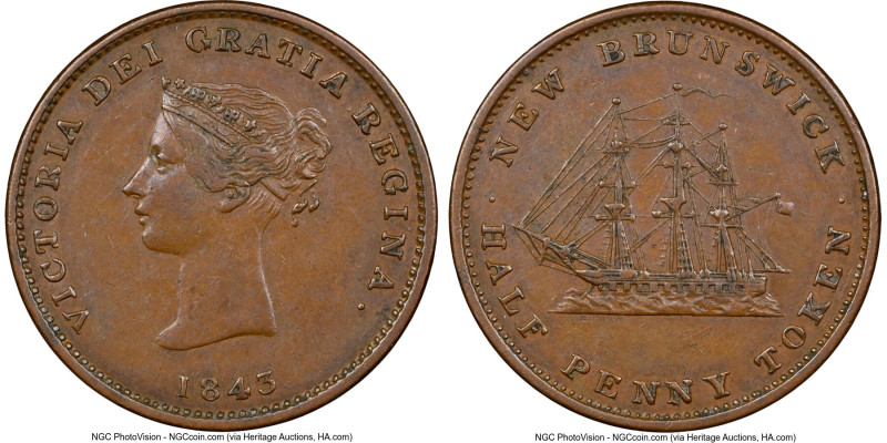 New Brunswick. Victoria "Bust / Ship" 1/2 Penny Token 1843 AU55 Brown NGC, KM1, ...
