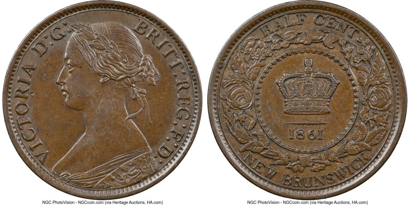 New Brunswick. Victoria 1/2 Cent 1861 MS62 Brown NGC, KM5. One-year type, highly...
