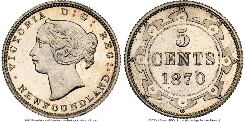 Newfoundland. Victoria Specimen 5 Cents 1870 SP63 NGC, London mint, KM2. Reeded ...
