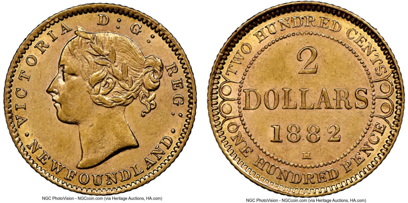 Newfoundland. Victoria gold 2 Dollars 1882-H AU58 NGC, Heaton mint, KM5. A prett...