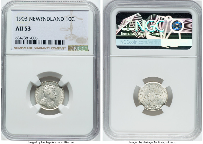 Newfoundland. Edward VII 10 Cents 1903 AU53 NGC, London mint, KM8. Two year type...