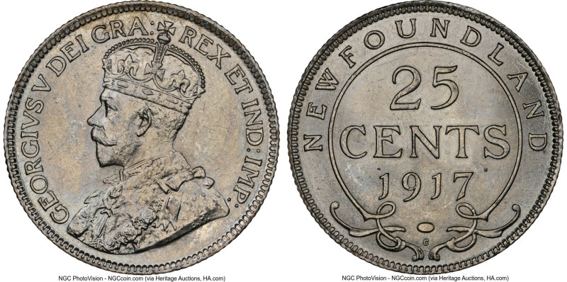 Newfoundland. George V 25 Cents 1917-C MS64 NGC, Ottawa mint, KM17. Two year typ...