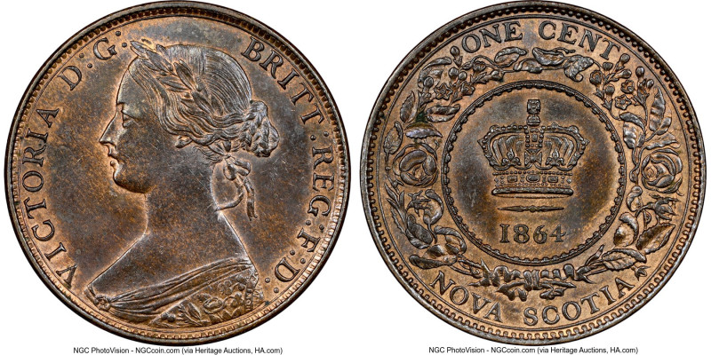 Nova Scotia. Victoria Cent 1864 MS64 Brown NGC, London mint, KM8.2. A small amou...