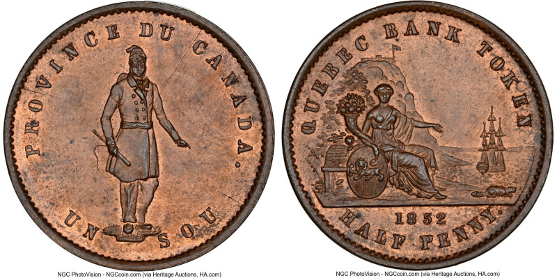 Province of Canada. Quebec Bank "Habitant" 1/2 Penny Token 1852 MS65 Red and Bro...