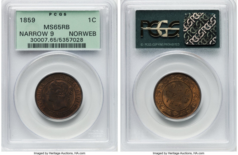 Victoria "Narrow 9" Cent 1859 MS65 Red and Brown PCGS, London mint, KM1. A delig...