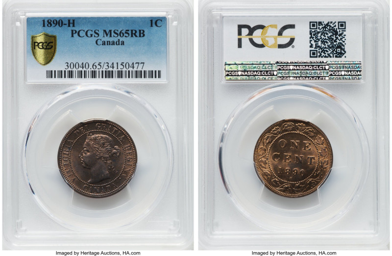 Victoria Cent 1890-H MS65 Red and Brown PCGS, Heaton mint, KM7. A superior Gem b...