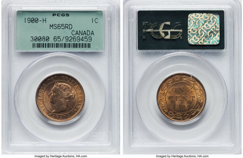 Victoria Cent 1900-H MS65 Red PCGS, Heaton mint, KM7. A thoroughly pleasing exam...