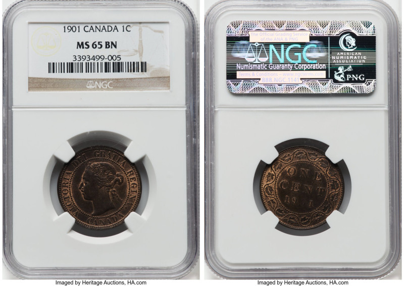 Victoria Cent 1901 MS65 Brown NGC, London mint, KM7. Last year for the type. A g...