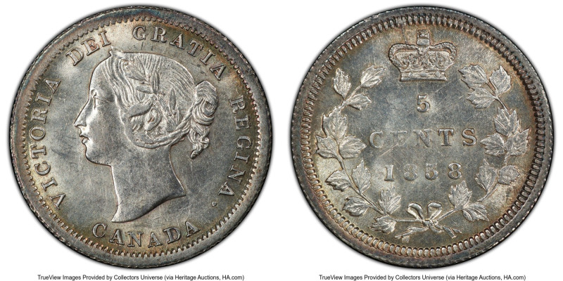 Victoria "Large Date - Doubled 8" 5 Cents 1858 MS63 PCGS, London mint, KM2. "RP3...