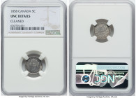 Victoria Specimen "Small Date" 5 Cents 1858 UNC Details (Cleaned) NGC, London mint, KM2. Bright and steely in appearance, with notable and advanced di...