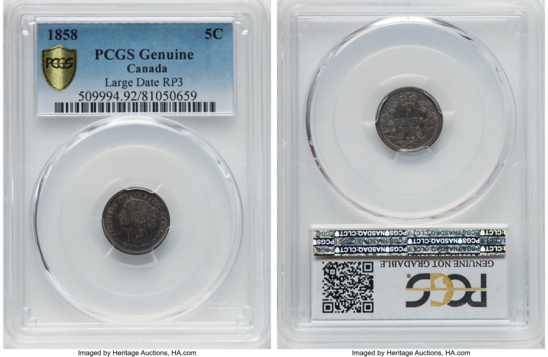 Victoria "Large Date RP3" 5 Cents 1858 Genuine (Cleaning) PCGS, London mint, KM2...