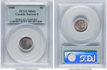 Victoria "Small Date - Narrow 0" 5 Cents 1900 MS62 PCGS, London mint, KM2. Displaying near-Choice preservation and bathed in a pleasing rose-sepia ton...