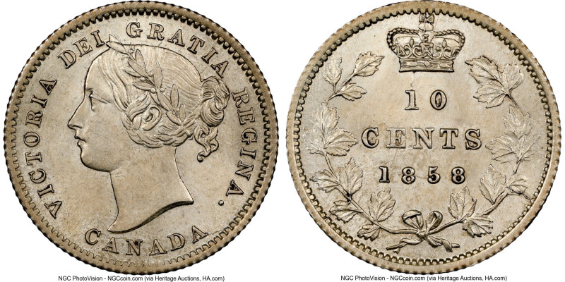 Victoria 10 Cents 1858 MS62 NGC, London mint, KM3. An elusive first-year issue t...