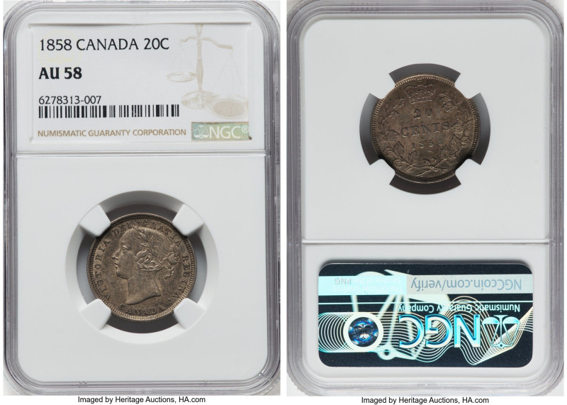 Victoria "Re-engraved 5" 20 Cents 1858 AU58 NGC, London mint, KM4. Re-engraved 5...