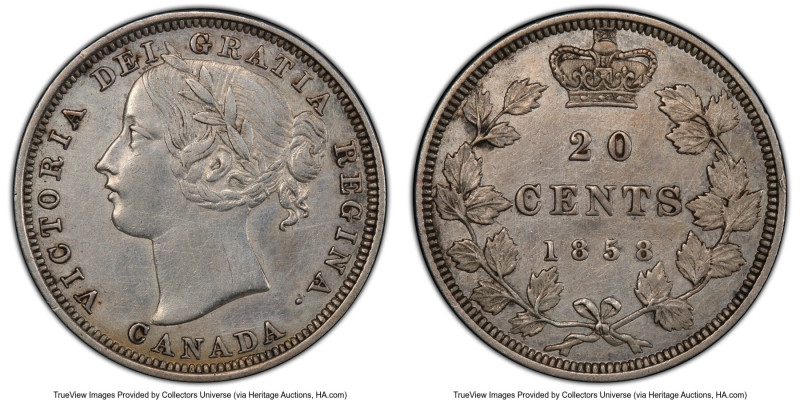 Victoria "Doubled 5" 20 Cents 1858 XF Details (Cleaned) PCGS, London mint, KM4. ...