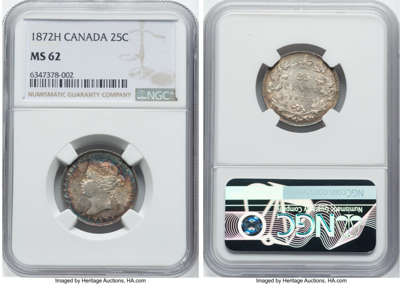 Victoria 25 Cents 1872-H MS62 NGC, Heaton mint, KM5. Appreciable and strong stru...