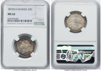 Victoria 25 Cents 1872-H MS62 NGC, Heaton mint, KM5. Appreciable and strong struck details on Victoria's portrait that is bordered by vivid splashes o...