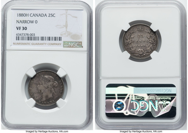 Victoria 25 Cents 1880-H VF30 NGC, Heaton mint, KM5. Narrow 0 variety. Muted and...