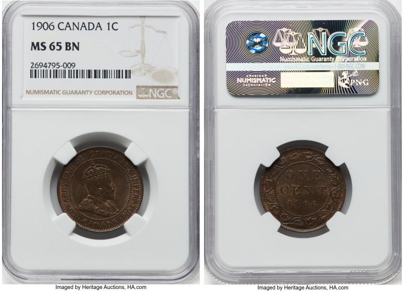 Edward VII Cent 1906 MS65 Brown NGC, London mint, KM8. A tough coin to locate in...
